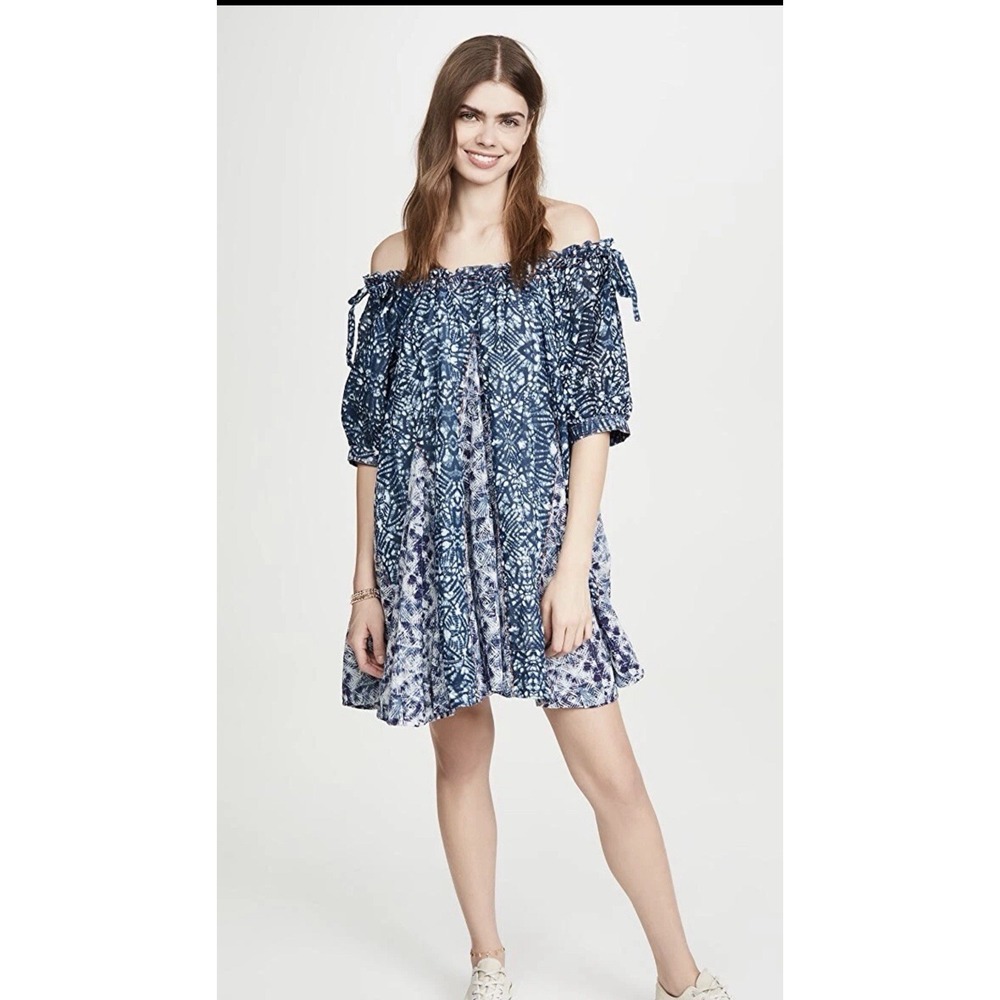 Free People Jet Set Mini Dress‎ Blue Indigo Boho Off Shoulder Abstract S